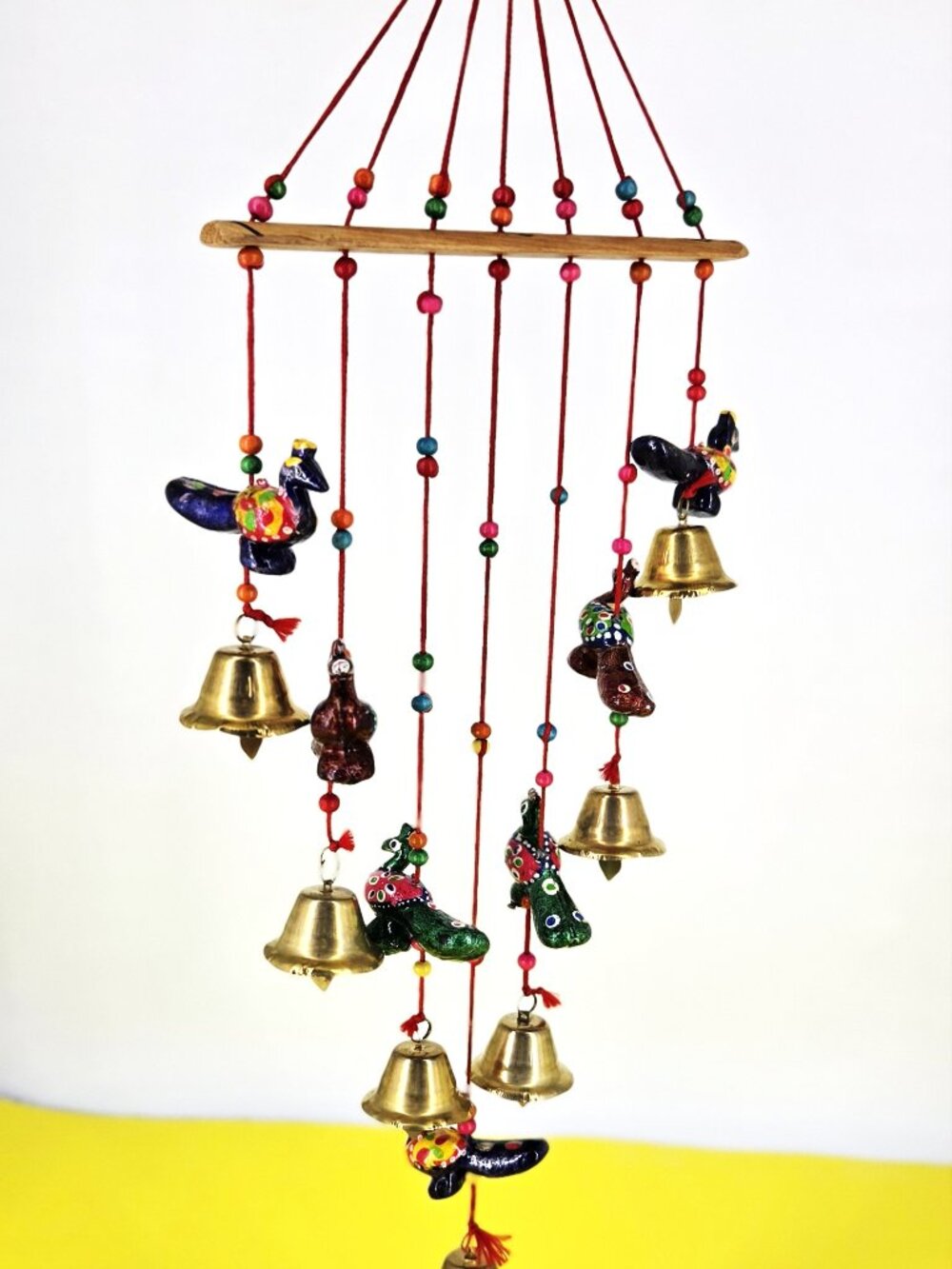 Hand Crafted Peacocks & Brass Bell Wind Chimes Rajasthani Folk Art Mobile Boho